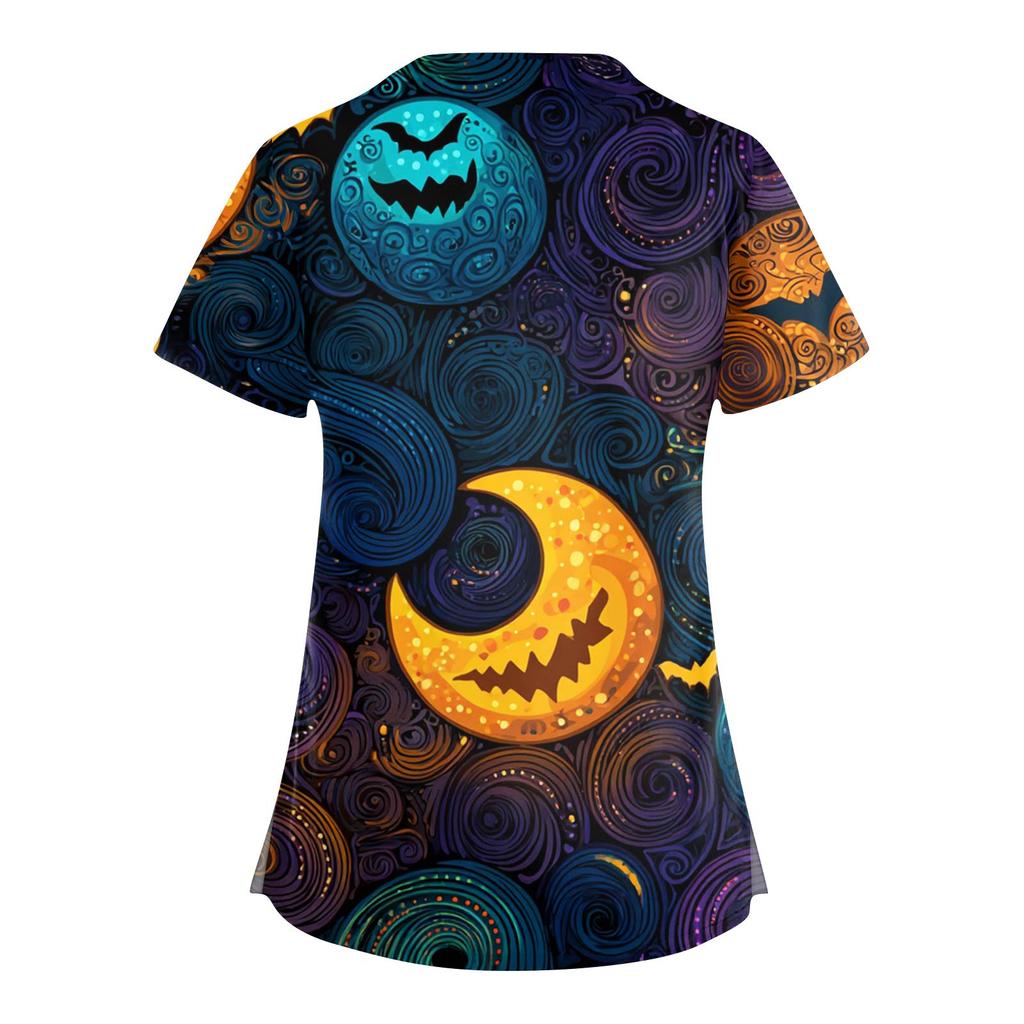 Women's Fashion V-Neck Short Sleeve Overalls With Pockets Halloween Printed Tops  Apparel