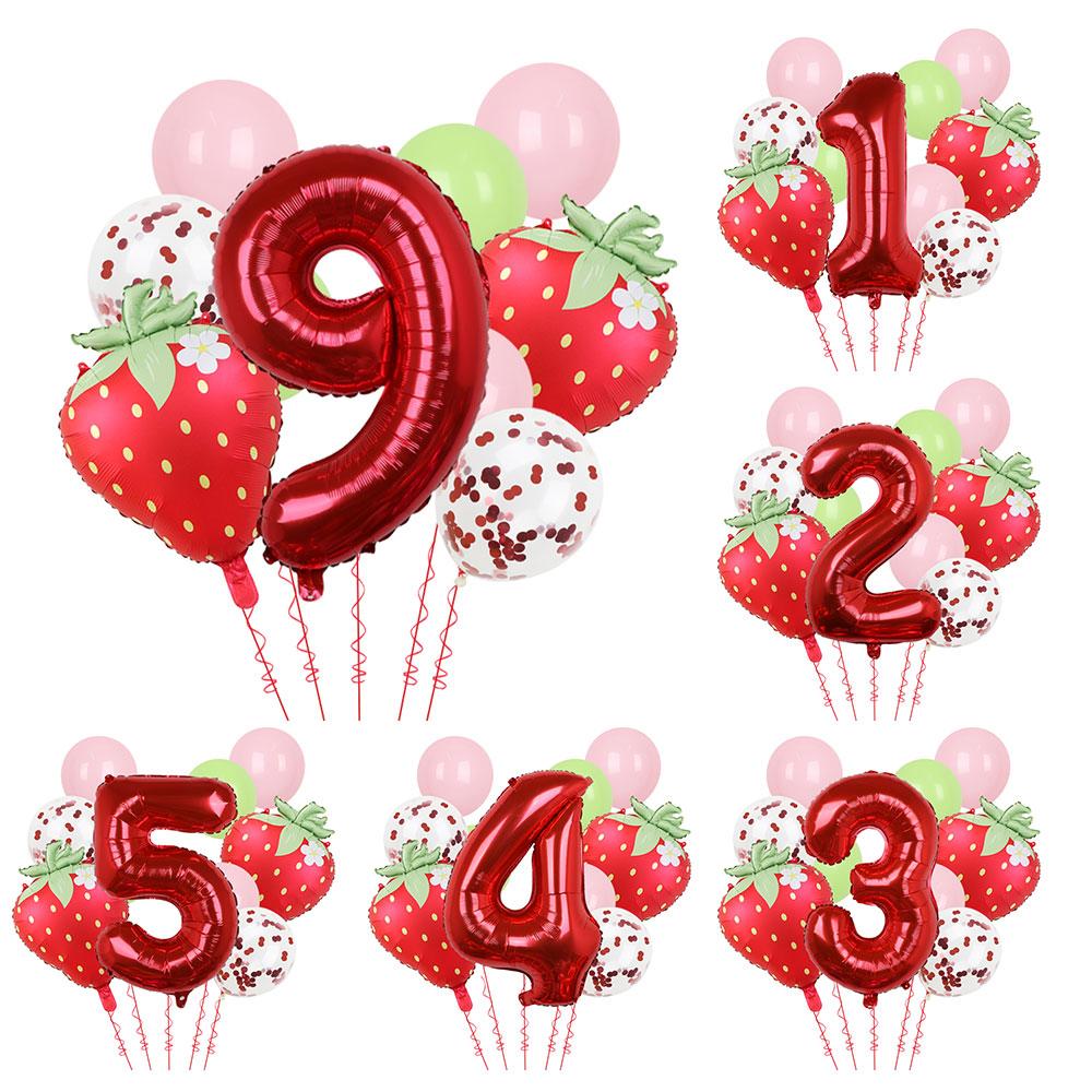 11Pcs 32inch Red 1-9 Years Old Digital Aluminum Film Strawberry Red Polka Dot Balloons Set Birthday Party Baby Shower Supplies