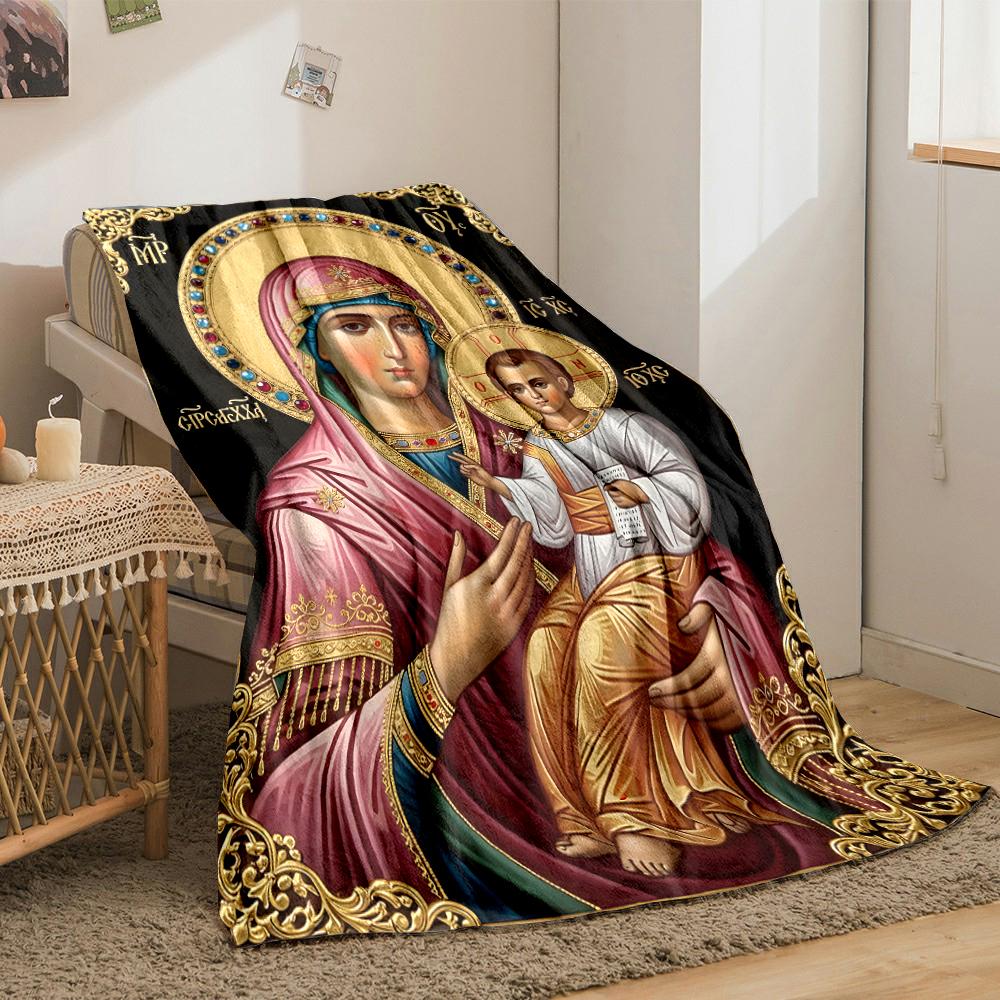Virgin Mary and Child Religious Icon ArtFlannel Blanket for Bedroom, Living Room, Sofa, and Nap