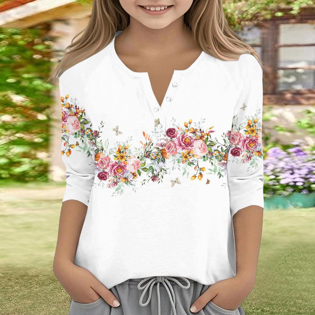 Print Tops For Youth Girls V Neck Button 3/4 Sleeves T-Shirts Trendy Tops Outfit Tees