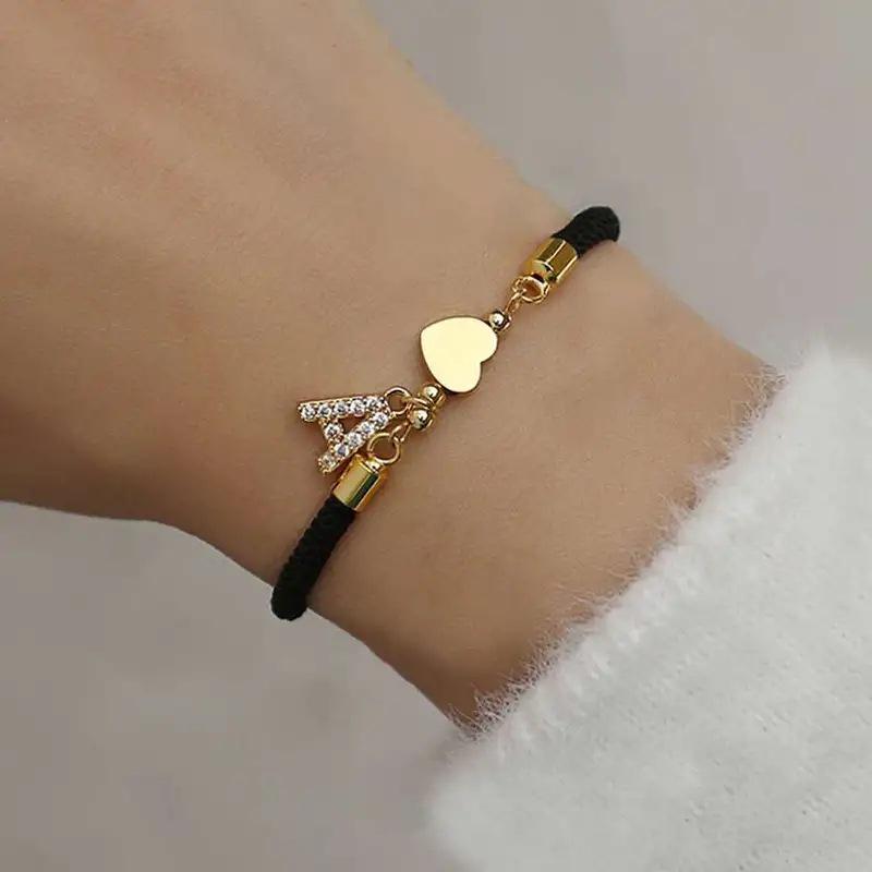 Classic A-Z Initial Heart Bracelet with Zircon on Adjustable Black Cord