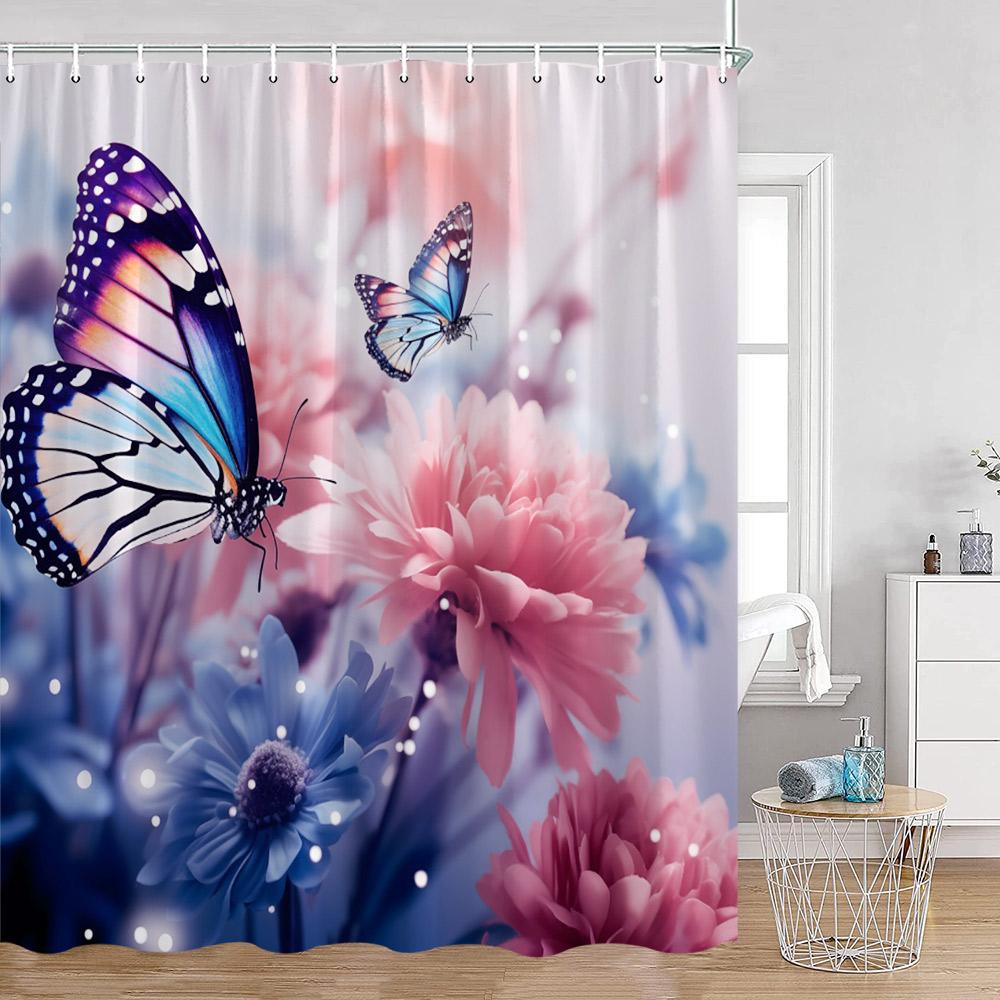 Colorful Butterfly Shower Curtains Flowers Blossom Floral Bathroom Curtain Polyester Fabric Bathtub Decor With Hooks For Home