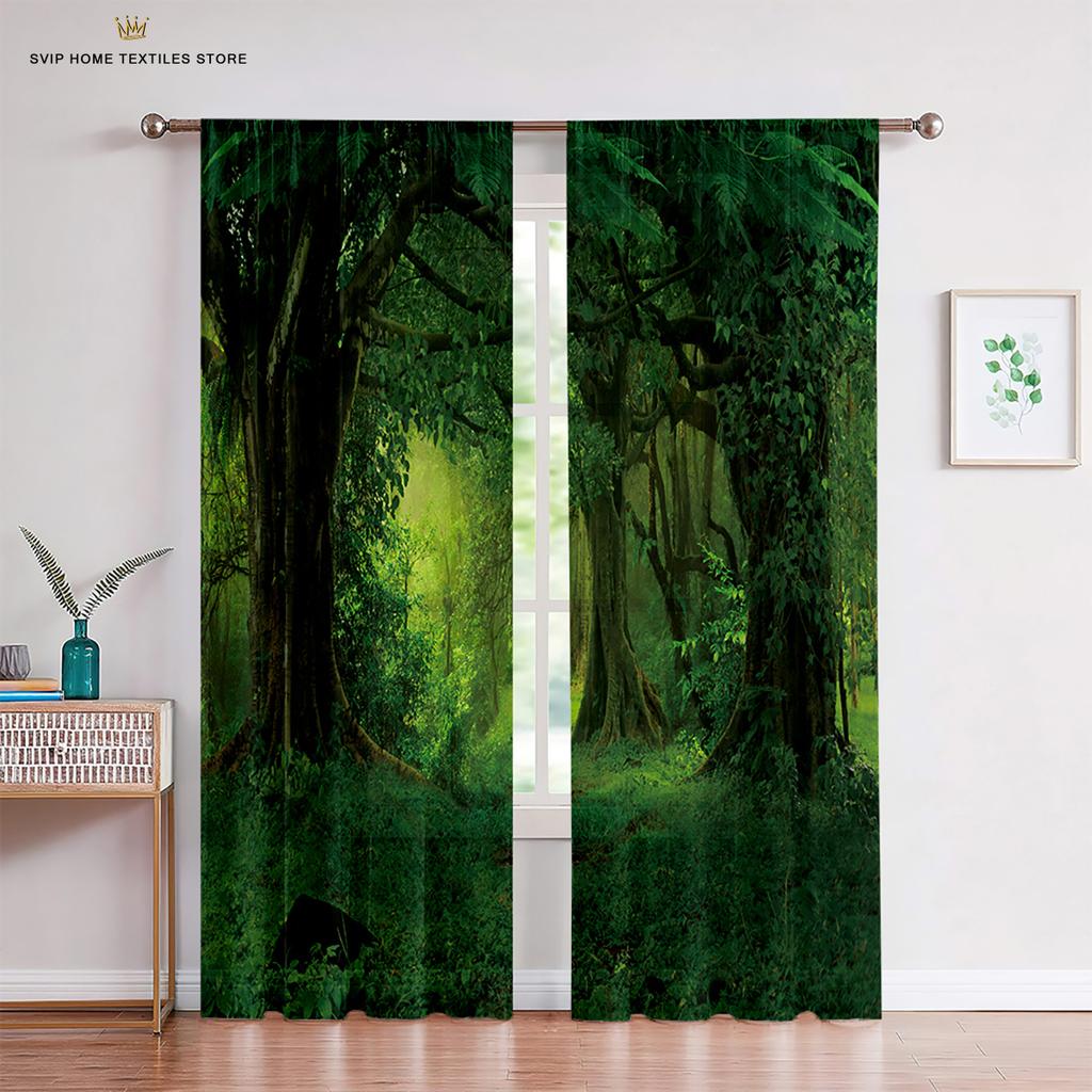 Woodland Forest Foliage Sunbeams Tulle Curtains, Sheer Voile Curtains, Window Decor, Living Room, Bedroom, Kitchen