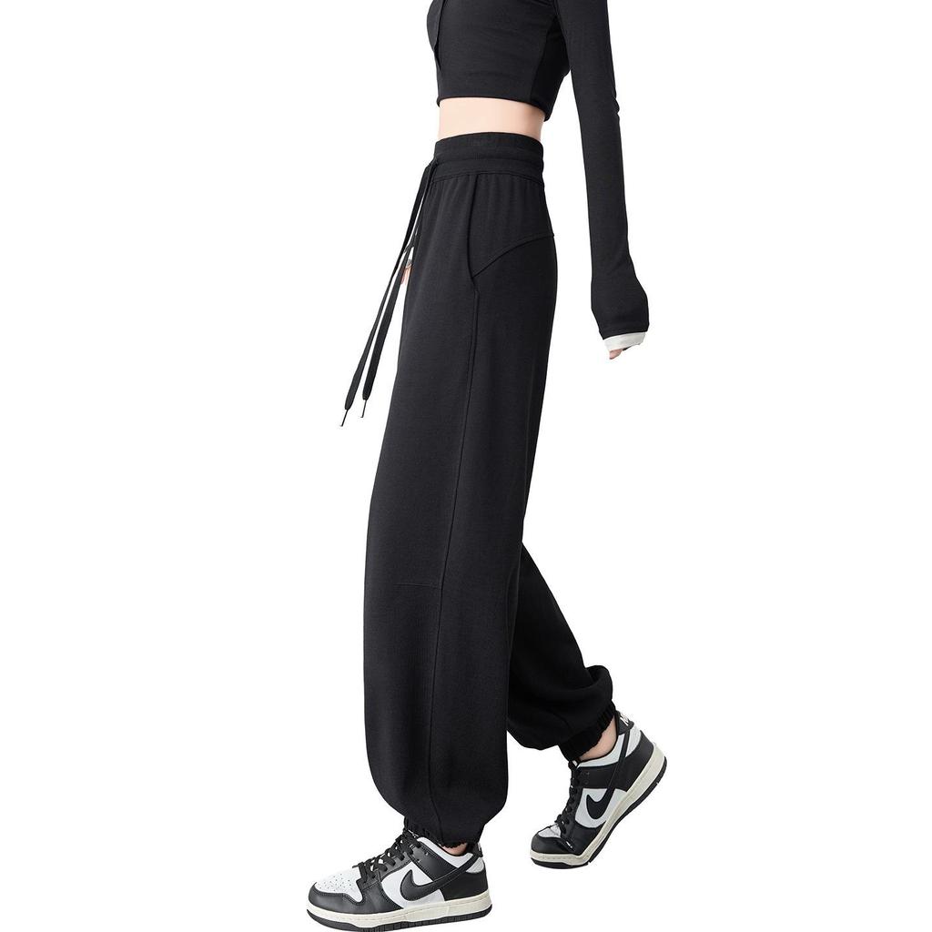2025 Black Women's High-Waisted Slimming Cuffed Sweatpants - American Style Straight-Leg Lantern Pants for Autumn