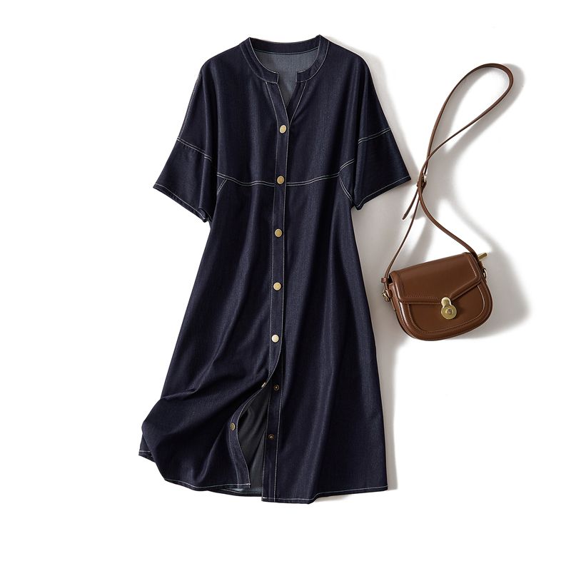 Harajuku Sense Women Summer Washed Cotton Denim Blue Shoulder Needle Roller Open Line V-neck Whole Single-Breasted Dress Slimming Summer