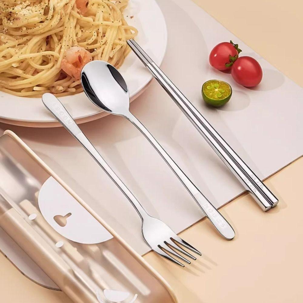 3 Pcs/Set with Storage Box Student Tableware Set Anti-slip Flateware Set Travel Cutlery Set  Camping