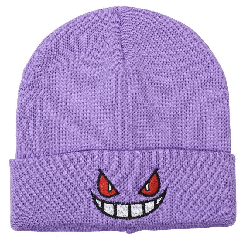 Anime Cartoon Embroidered Knitted 100% Acrylic Street Style Beanie Hat Autumn Winter Beach Warm Travel Gengar Adults Unisex