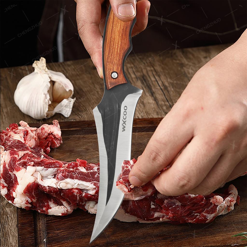 Professionelles Metzgermesser Geschmiedetes Ausbeinmesser Edelstahl Hackbeil Küchenchefmesser Fleisch Fisch Obst Messer mit Abdeckung