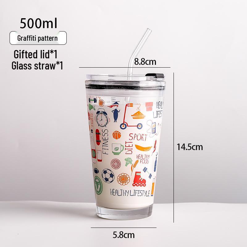 

Cartoon Glass Water Cup with Graffiti Design - Customizable Logo and Sealed for Milk or Juice 450 ml