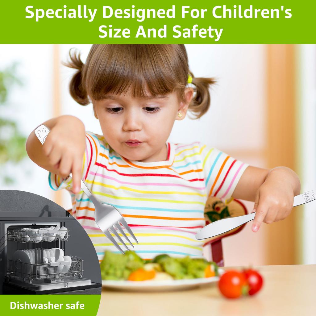 9Pcs Kids Silverware Set 410 Stainless Steel Kids Fork Spoon and Cutter Set Safe Ergonomic Toddler Utensils for Kids Boys Girls