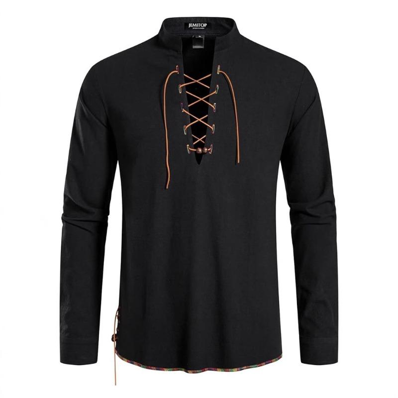 High Quality Men's Shirt Henry Long Sleeve Casual Beach Men's Stand-Up Collar Hippie Shirt