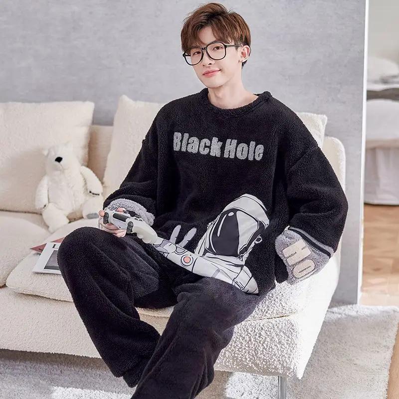 Pajamas Sleepwear for Sleeping Cute Cartoon Pajamas Set Loose Men's Winter Flannel Pajamas Warm Plush Pijama Hombre