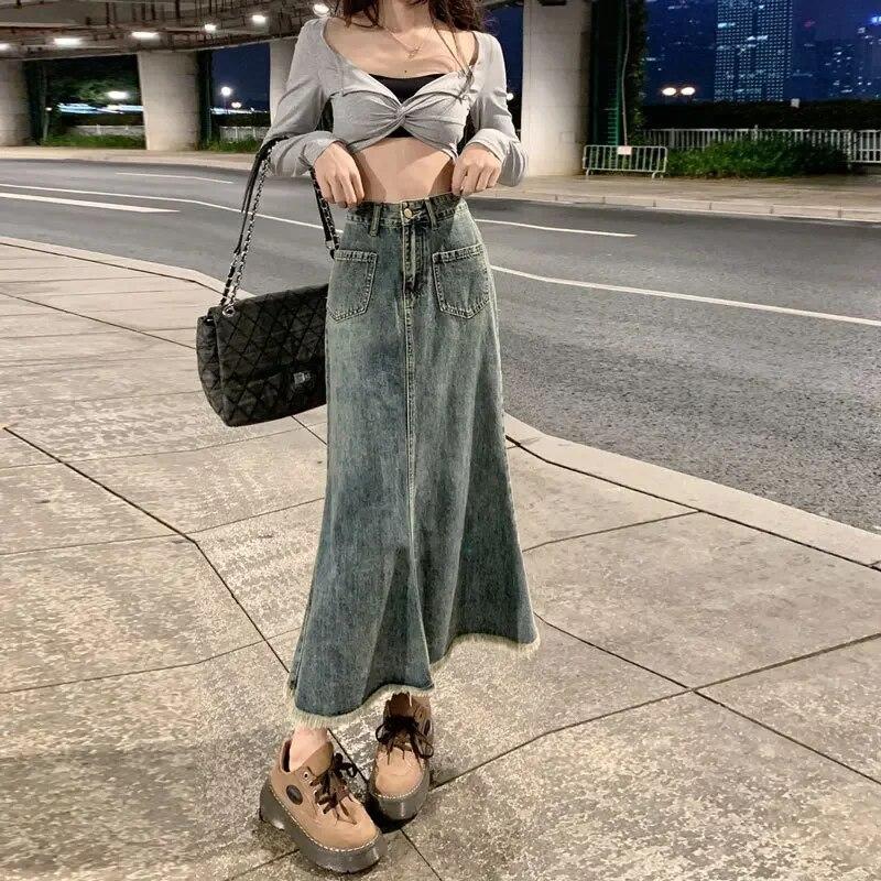 Falda vaquera Retro Azul para mujer, falda de corte A fina de cintura alta, pantalones vaqueros largos para mujer, nueva versión coreana