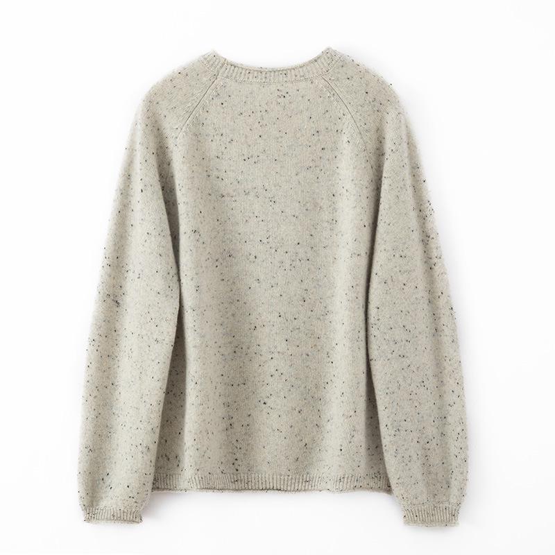 Women's Round Neck Cashmere Sweater - Rolled Hem, Marled Dot Yarn, Warm Knit for Autumn/Winter
