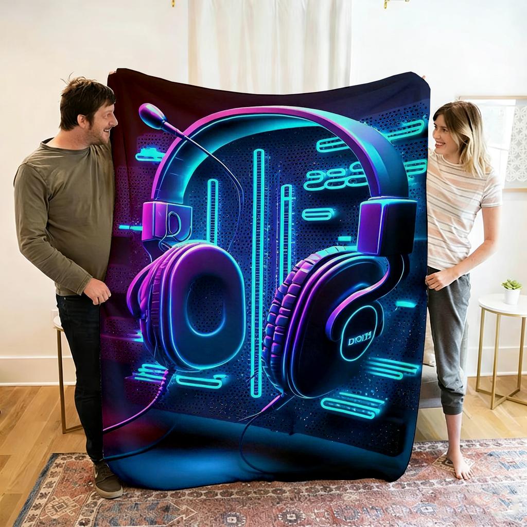 Live Music Neon Headphones Printed Flannel Blanket Perfect for Sofa Office Bed Travel Sleep Read Relax Camping Four Season Use