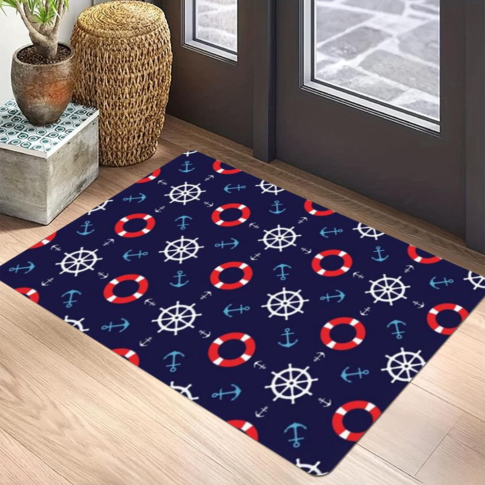 Navy Blue Anchor & Sailboat Print Carpet Mat Rug for Living Room Bedroom Indoor Home Decoration Modern Nautical Design Floor Mat