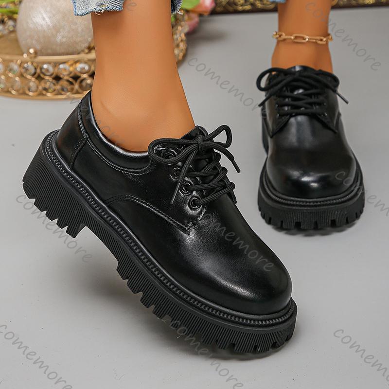 Fashion Comemore Women's Platform Shoes Fashion Black PU Leather Lace Up Office Work Pumps Woman Round Toe Chunky Heel Dress Loafers