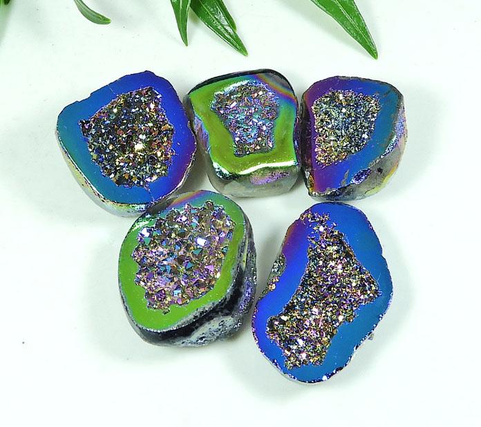 23-31 MM Rainbow Titanium Aura Agate Druzy Fancy Loose Gemstone 5 Pcs Lot SY-103