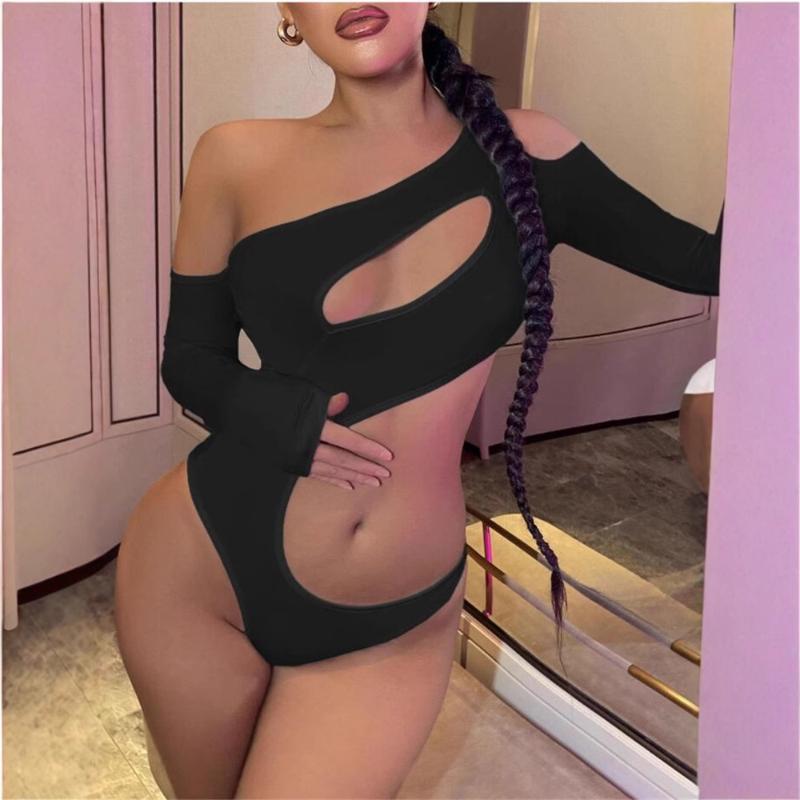 Europäische und amerikanische Damen Crop Top mit ausgestelltem, würzigem Mädchen-Schlankschnitt, langärmelig, schulterfrei, einfarbig