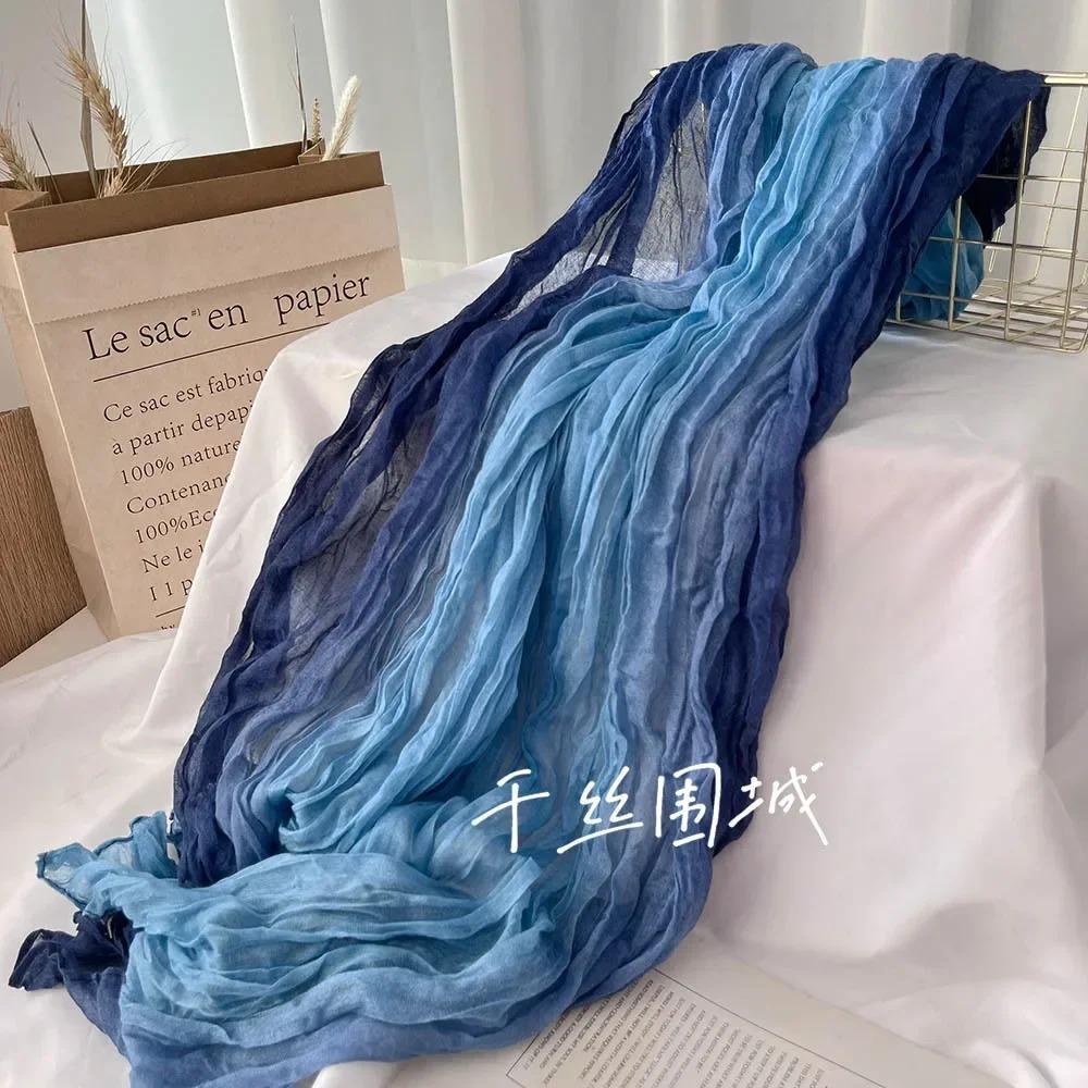 New Scarf Cotton Hemp Hand Feel Gradient Blue Autumn Winter Retro Versatile Printed Women's Long Fold Shawl Soft Fashionable