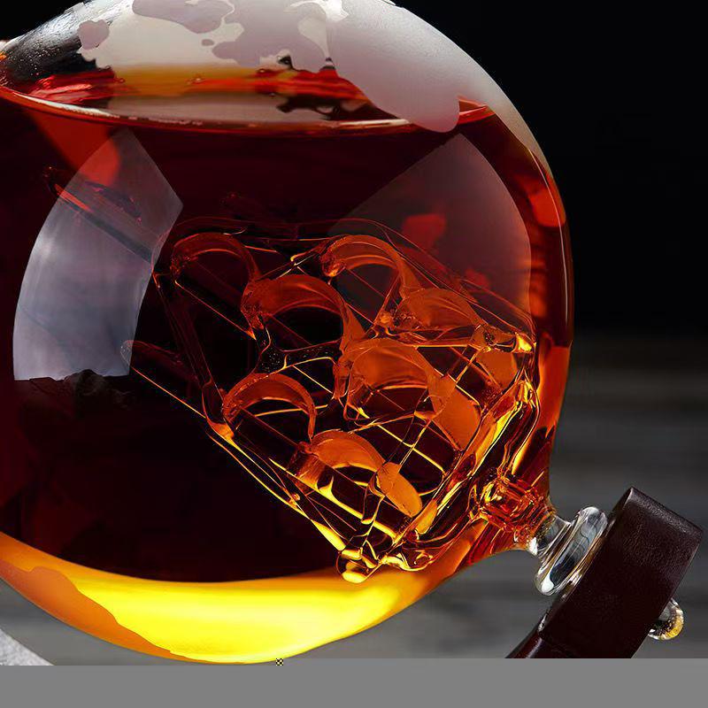 850ml Globe Decanter with Cup and Wooden Stand - Transparent Whiskey Bottle, New Model