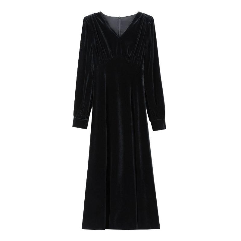 Genuine Velvet V-Neck Slim Long Dress for Women - French Chic Style