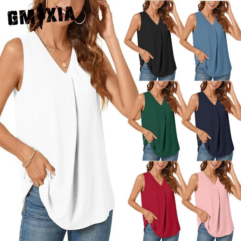 GMXIA Camicette e camicie senza maniche con scollo a V, stampa tinta unita, moda casual da donna