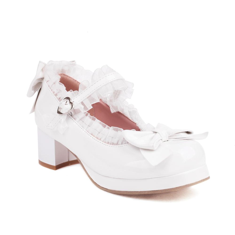 Fashion Woman Med Heel Lolita Shoes Patent Leather Cute Bow Mary Jane Pumps Bride Wedding Cosplay Party Red Pink Black Green Size 31-43