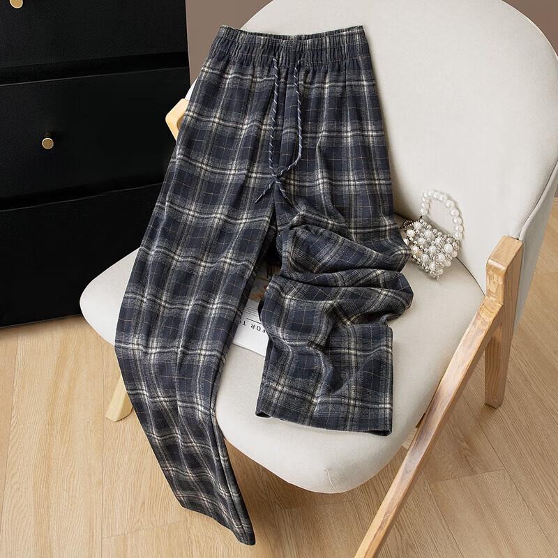 Sibaishe Women's Plaid Elastic Waist Loose Casual Pants