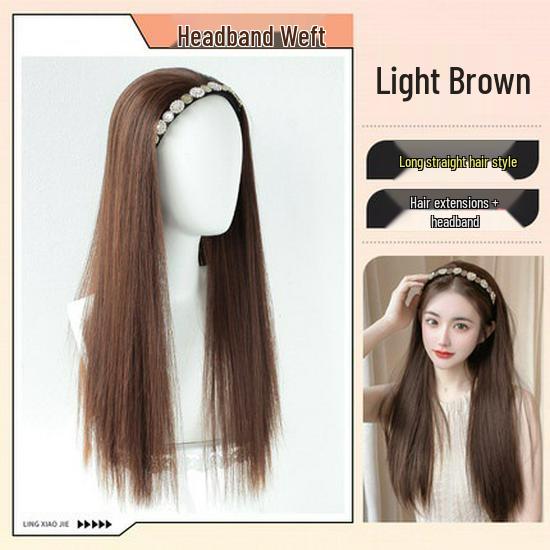 Women's Retro Rhinestone Headband Wig with Long Straight Hair, U-Shaped Half Head Cover