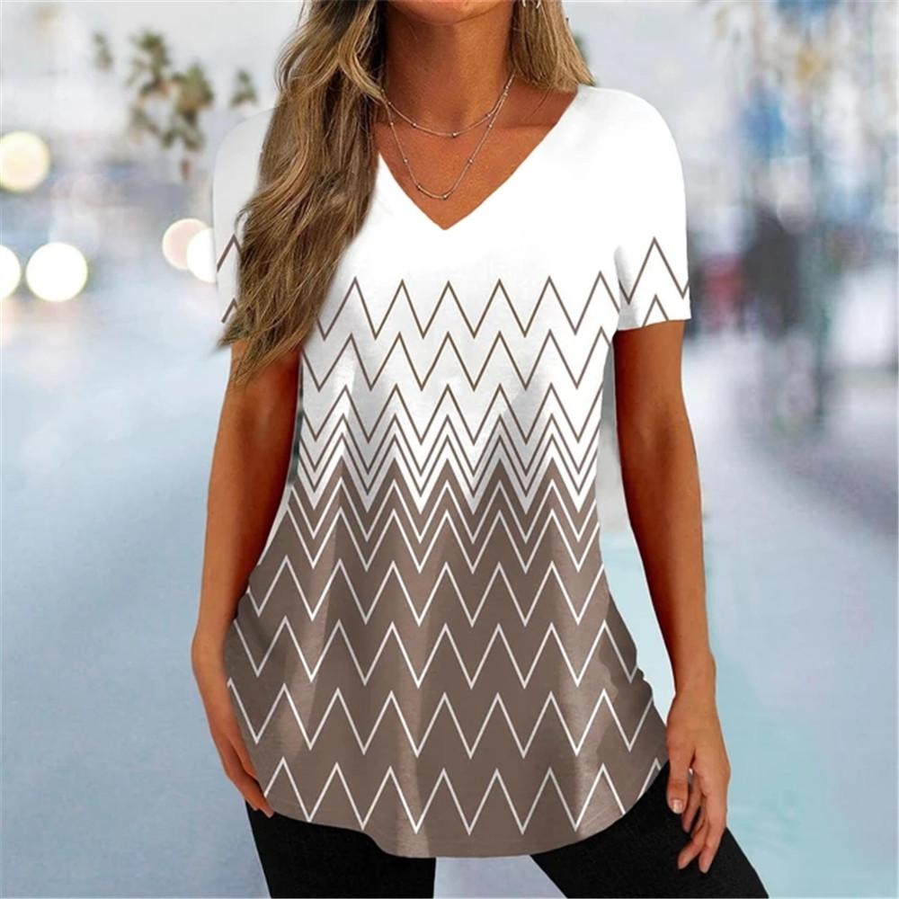 Simple Curve Digital 3D Print Fashion Women Tshirt Pullover Daily Suitable All Seasons Splicing Short Sleeves Polyester V-Neck