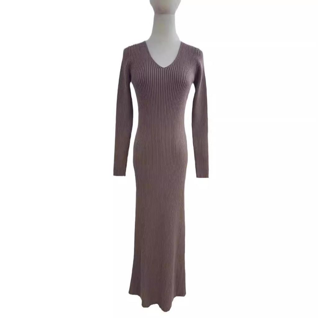 Long-sleeve V-neck Knitted Sweater Dress - 2024 Autumn/Winter European & American Style