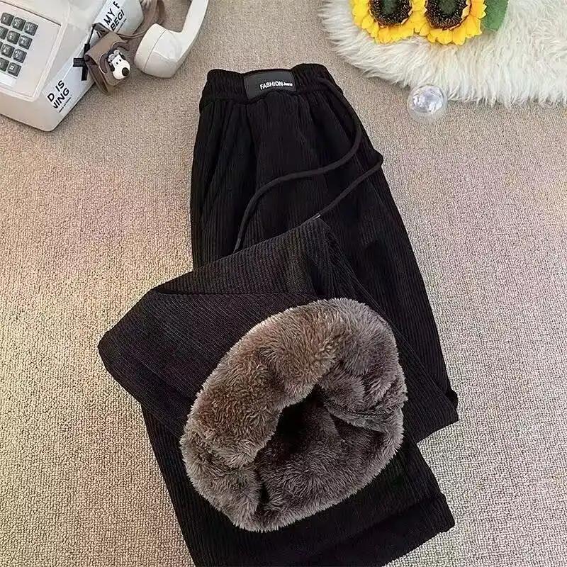 Hose für Damen Übergröße Verdickt Dehnbar Elastisch Hohe Taille Lange Hose Einfarbig Fleece Lässig Weitbeinige Hose