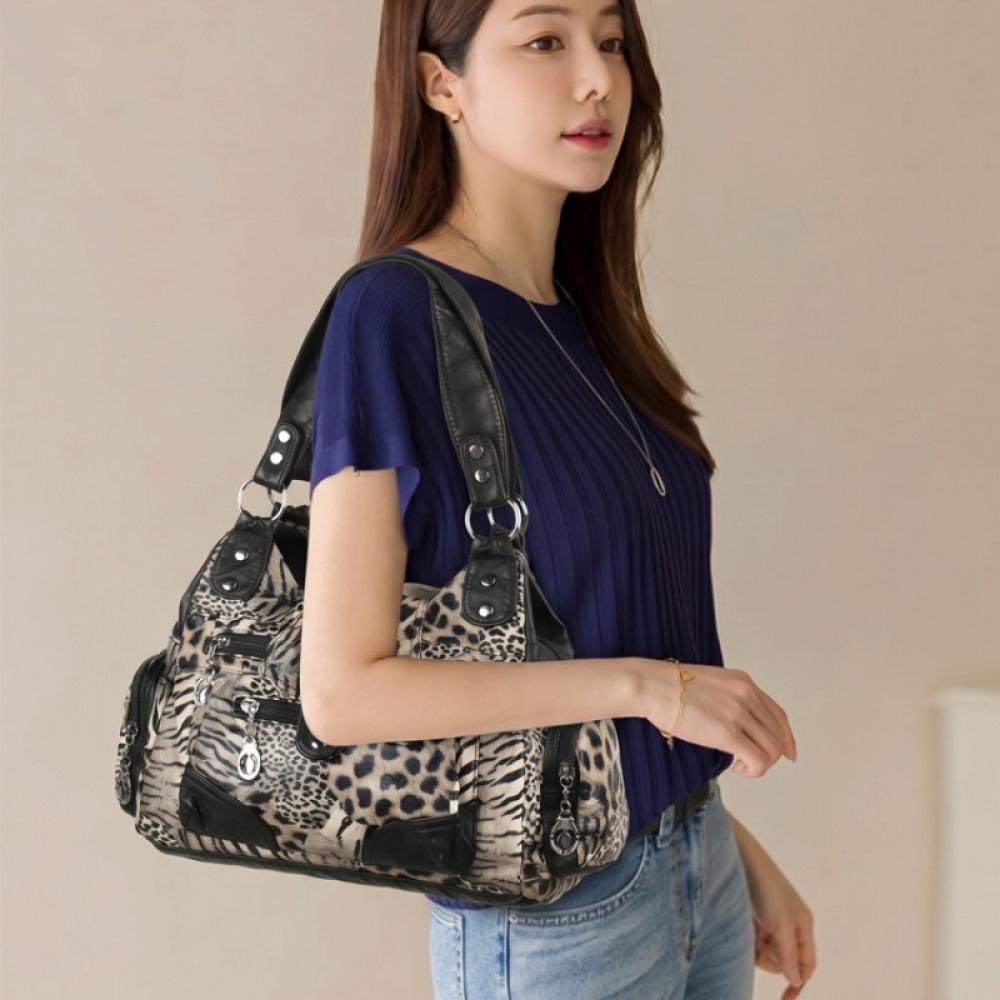 Leopard Print PU Leather Women Handbag Heart Ornament Multi Zipper Pockets Large Capacity Casual Shoulder Crossbody Bag