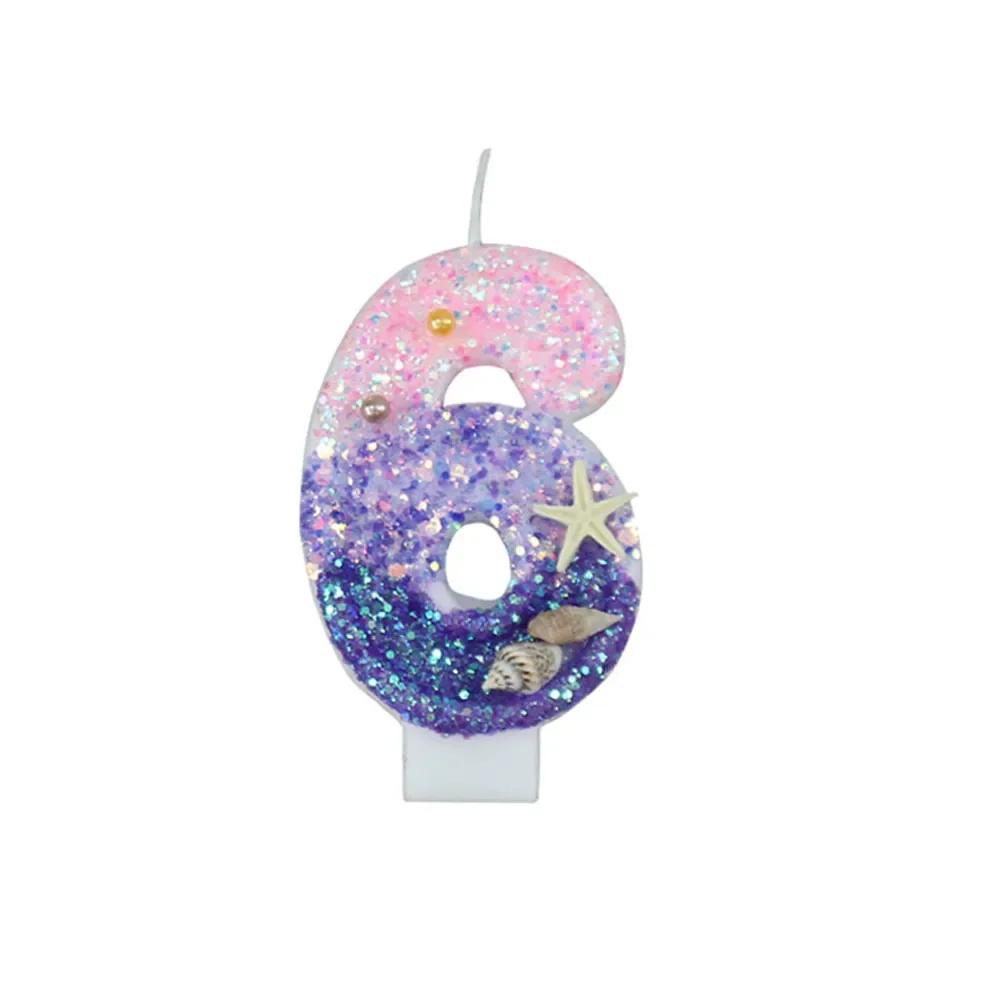 Gradiente Roxo Vela de Aniversário 1 Ano Sereia Vela de Aniversário para Bolo Brilhante Concha de Peixe Marinho Topper de Vela para Decoração de Festa