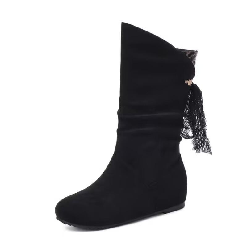 Women's Suede Mid-Calf Lace-Up Block Heel Boots, Round Toe Plus Size Fashion Shoes