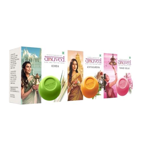 Anuved Fragrance Combo Pack of 3 (125g Each) Cooling Soaps for Bath Kewda, Ashtagandha, Pahadi Gulab Herbal, Refreshing & Revitalizing Bath for Men