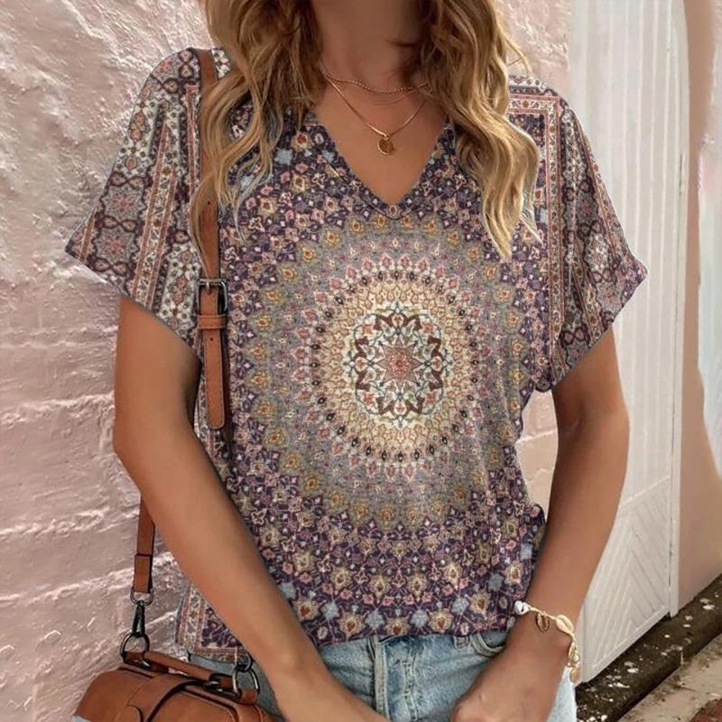 Casual Bohemian Print Women's Short Sleeve V-Neck Top T-Shirt