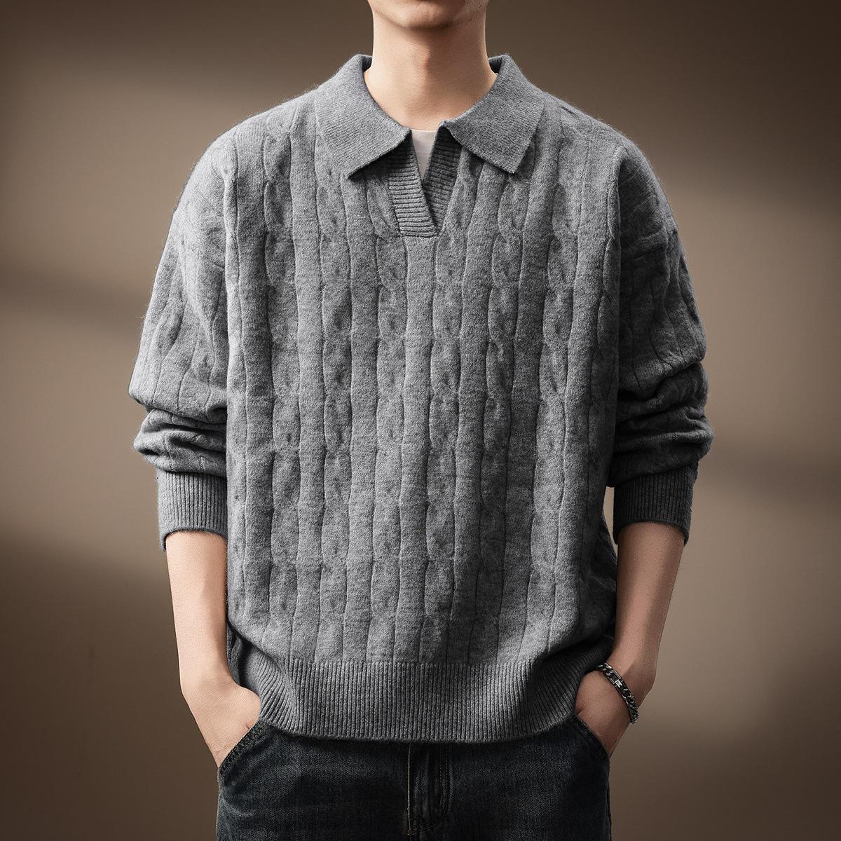 

Men s Retro Textured Knit Polo Neck Sweater - High-End Autumn/Winter Casual Versatile Top XL for 140-160 jin