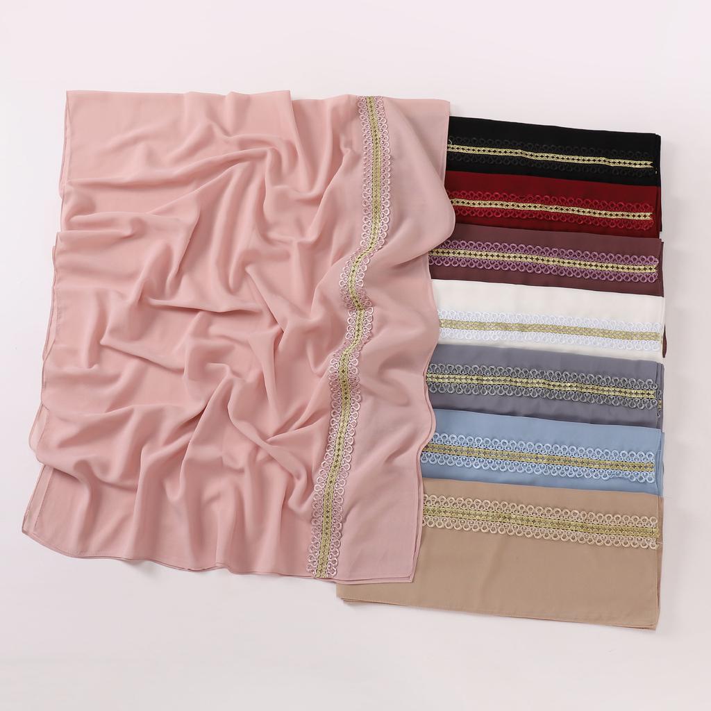 Colored Lace Pearl Bubble Chiffon Hijabs For Women Shawl Scarf High Quality Beads Headband Wrap Foulard Muslim Hijab Turban