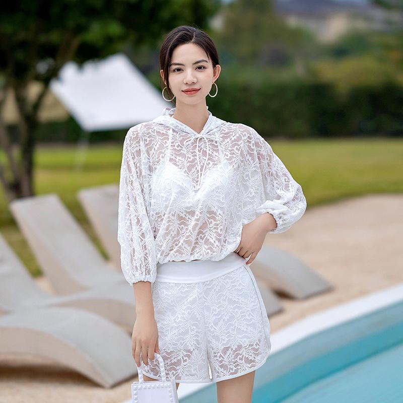 Korean Style Women's Three-Piece Swimsuit Set with Long Sleeve Sun Protection and Slimming Push-Up Features