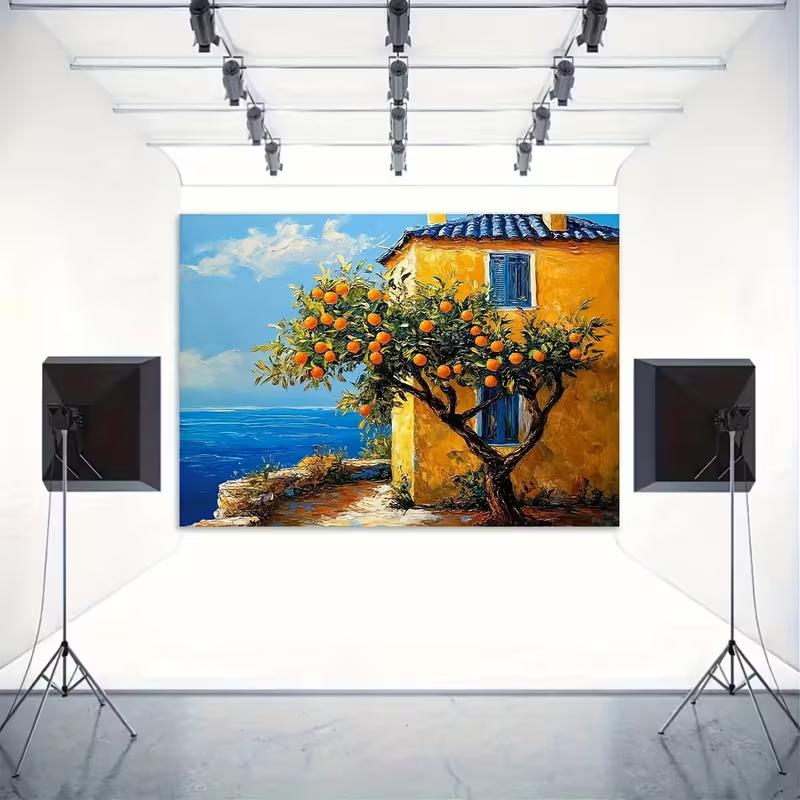 2D Vibrant Mediterranean Scenery Backdrop Orange Tree Yellow House & Sea Studio Background