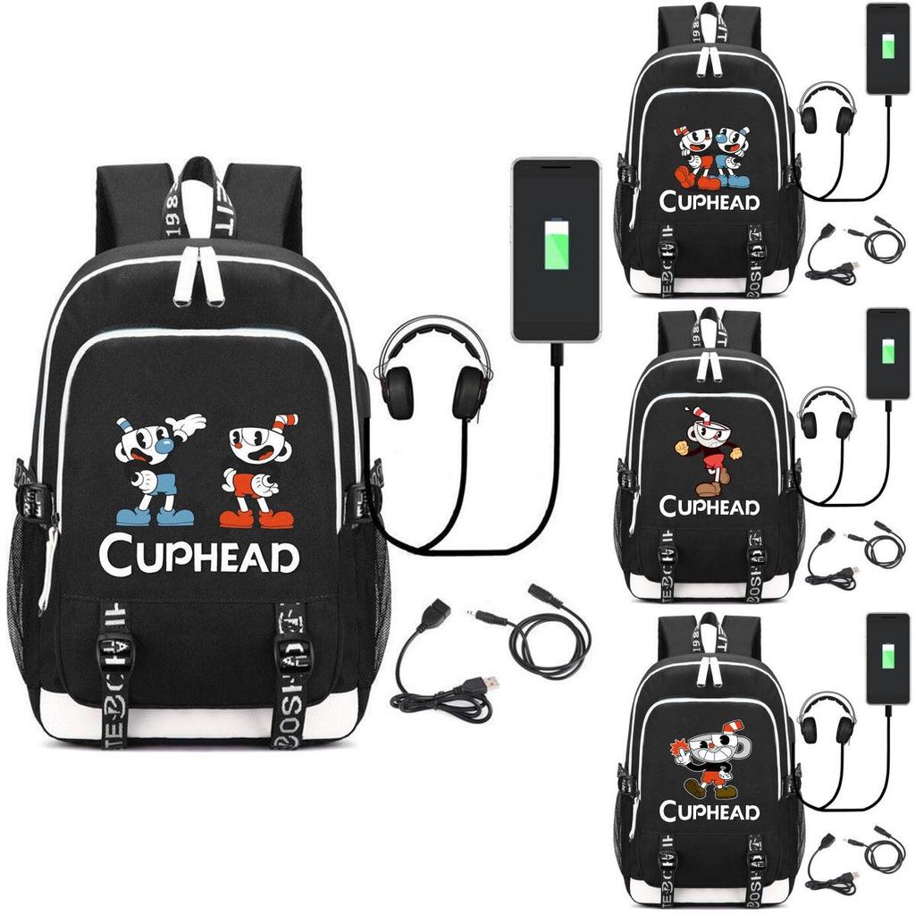 Stilvoller Cuphead Rucksack mit USB-Ladeanschluss für Kinder und Jungen für den Schulgebrauch