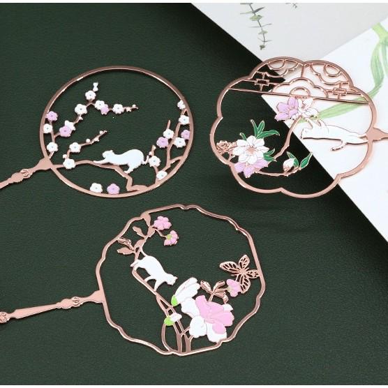 Chinese Style Cat & Flower Metal Bookmark - Peach Blossom & Magnolia Art