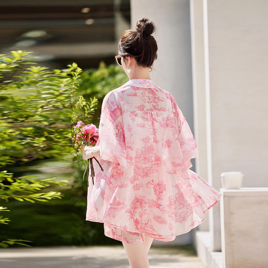 Pink sunscreen shirt shorts set women's new small design casual two-piece set