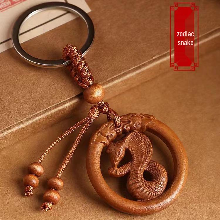 Peach Wood Zodiac Keychains: Year of the Dragon Pendant with Rat, Ox, Tiger Carvings - Carry-on Ornament Gift