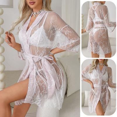 Weiches Spitzenmuster Bequtes Nachthemd zum Schnüren Farbpassende Loungewear Perspektivische Versuchung Pyjama
