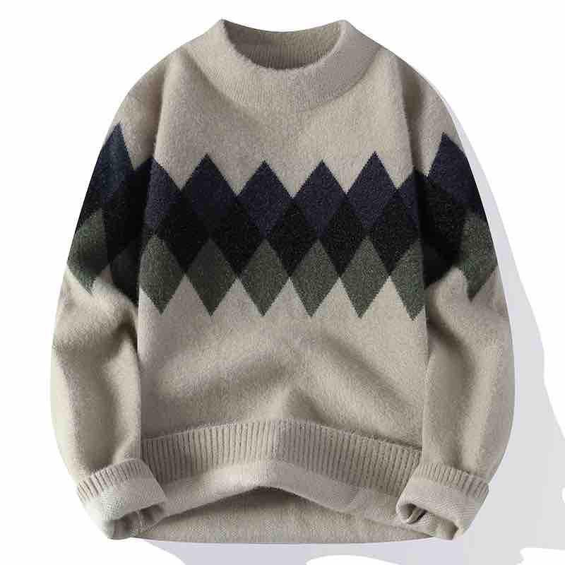 Höst Vinter Ny Herrtröja Mock Neck Lingge Patchwork Kontrastfärg Koreansk Trend Mode Pullovers Långärmad Stickad Topp