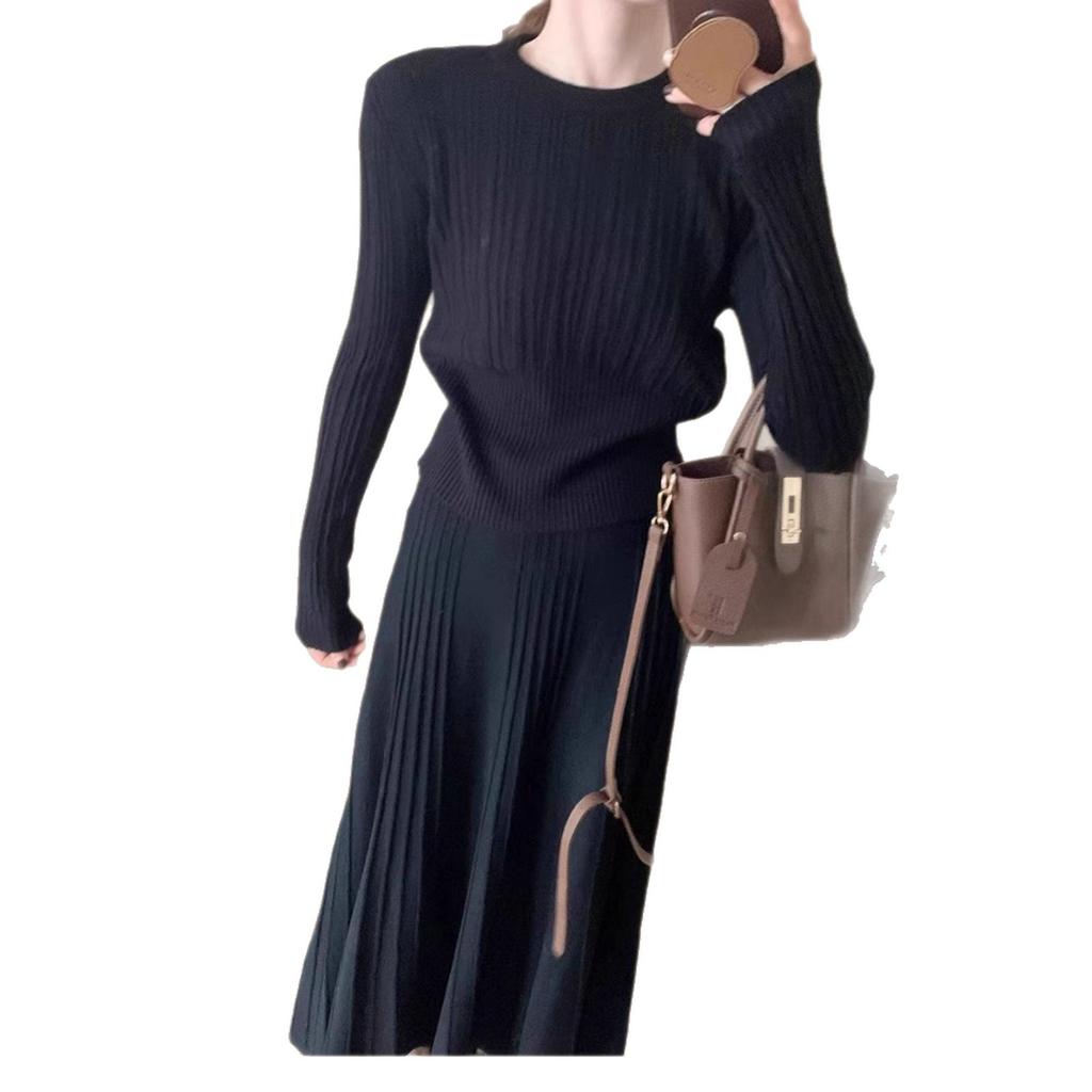 Waist-cinching design slimming crew neck knit base shirt, autumn/winter new solid color casual inner knit sweater for women