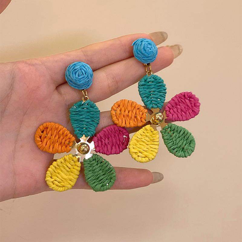 Silver needle raffia woven flower pendant earrings holiday wind fresh and sweet earrings niche high-end earrings women
